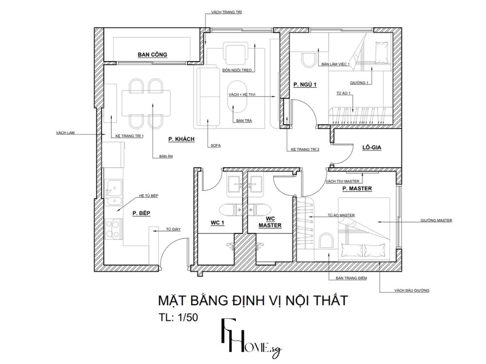 Mặt bằng nội thất căn hộ chung cư 70m2 - Vinhomes Grand Park phong cách Japandi