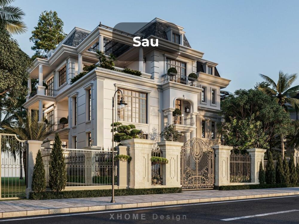 Mặt tiền tân cổ điển sang trọng với vật liệu cao cấp và hệ chiếu sáng nổi bật