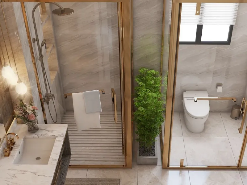Mẫu phòng tắm chung cư tân cổ điển với vách kính chia khu khô ướt