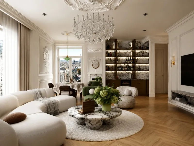 Mẫu thiết kế phòng khách chung cư tân cổ điển sofa trắng và đèn chùm pha lê