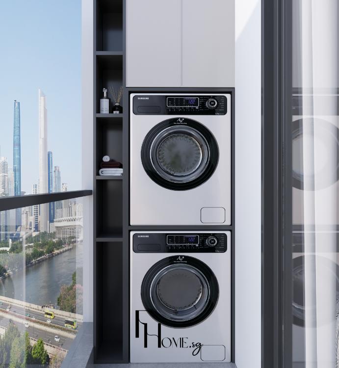 Nội thất ban công căn hộ Vinhomes Grand Park 54m2 bố trí máy giặt và máy sấy xếp chồng