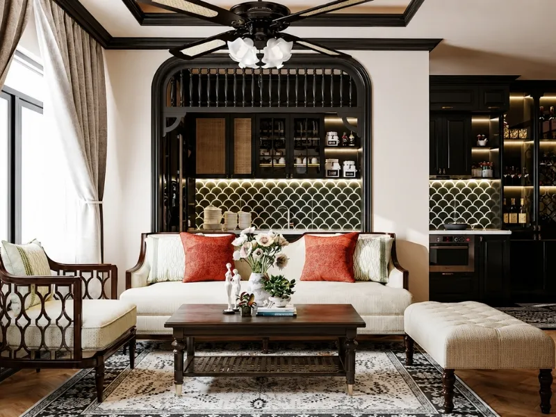 Nội thất chung cư tân cổ điển Indochine phòng khách liền bếp có quạt trần gỗ