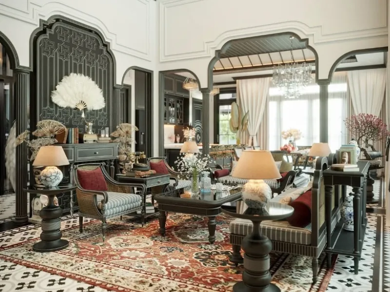 Nội thất chung cư tân cổ điển Indochine phòng khách với vách gỗ đen chạm khắc