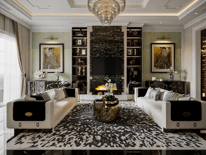 Nội thất chung cư tân cổ điển Luxury phòng khách đá đen ánh vân