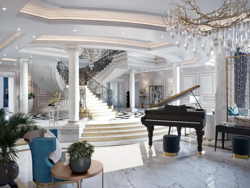 Nội thất chung cư tân cổ điển hoàng gia sảnh cầu thang và đàn piano