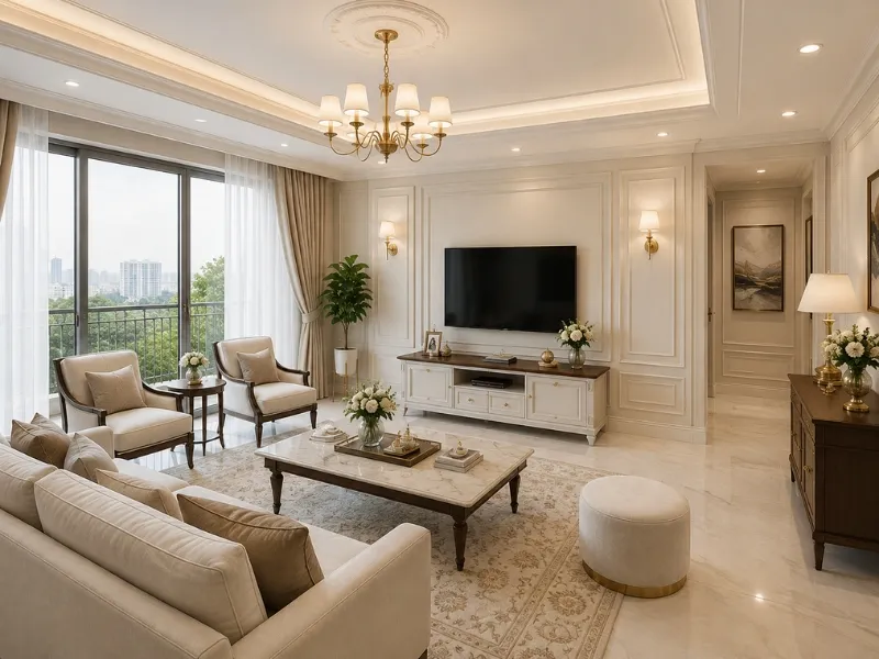 Nội thất chung cư tân cổ điển sử dụng màu trung tính hòa cùng ánh sáng tự nhiên