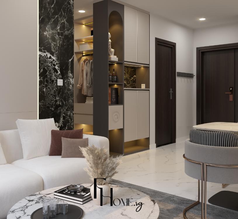 Nội thất phòng khách căn hộ Vinhomes Grand Park 54m2 nhìn về tủ trang trí và cửa ra vào