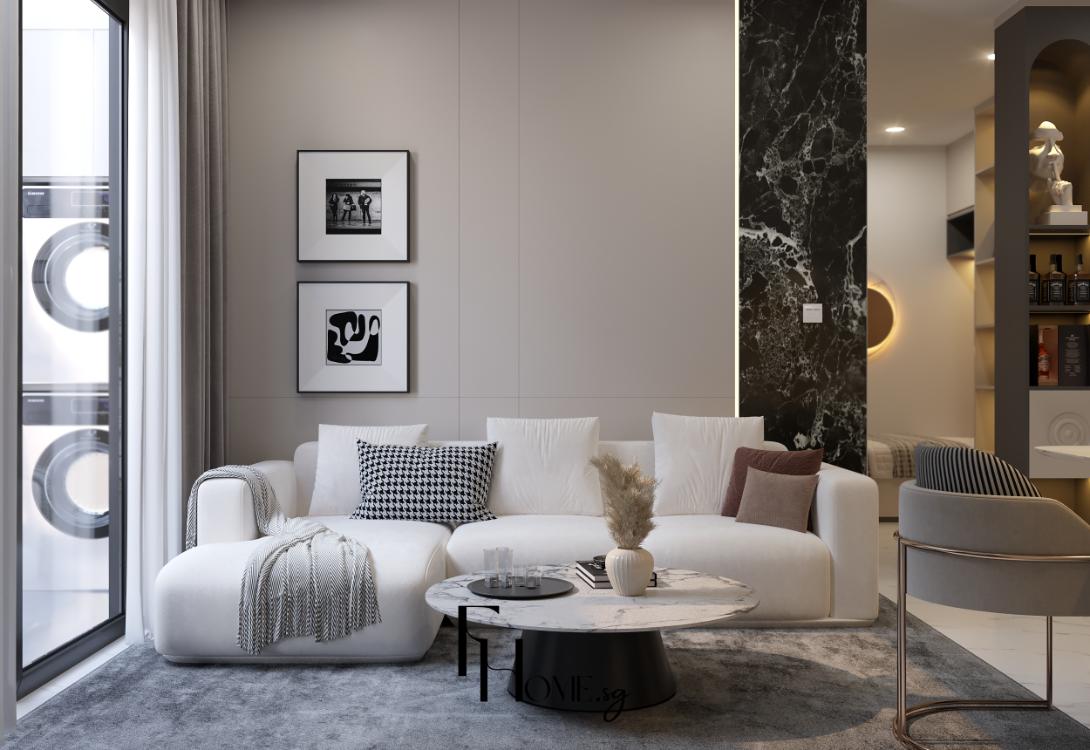 Nội thất phòng khách căn hộ Vinhomes Grand Park 54m2 phong cách hiện đại với sofa trắng và bàn trà đá