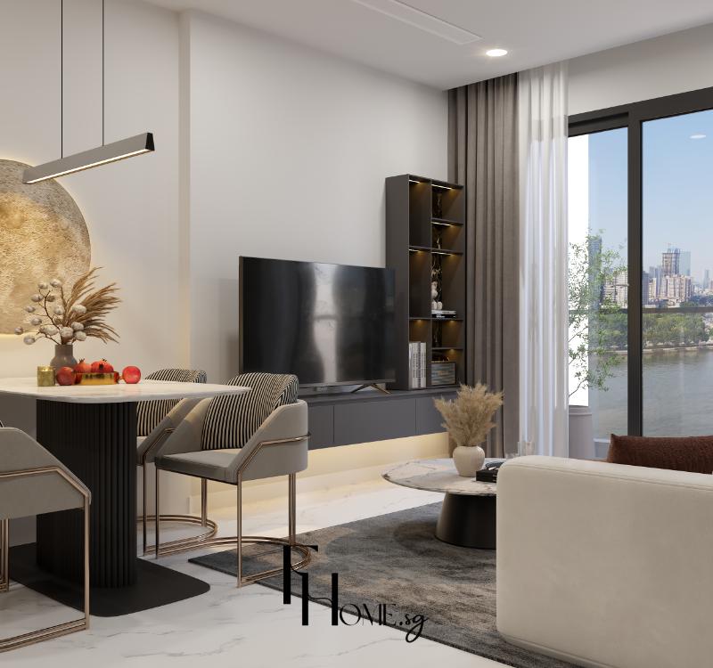 Nội thất phòng khách liền bếp căn hộ Vinhomes Grand Park 54m2 hiện đại với bàn ăn và kệ tivi view sông