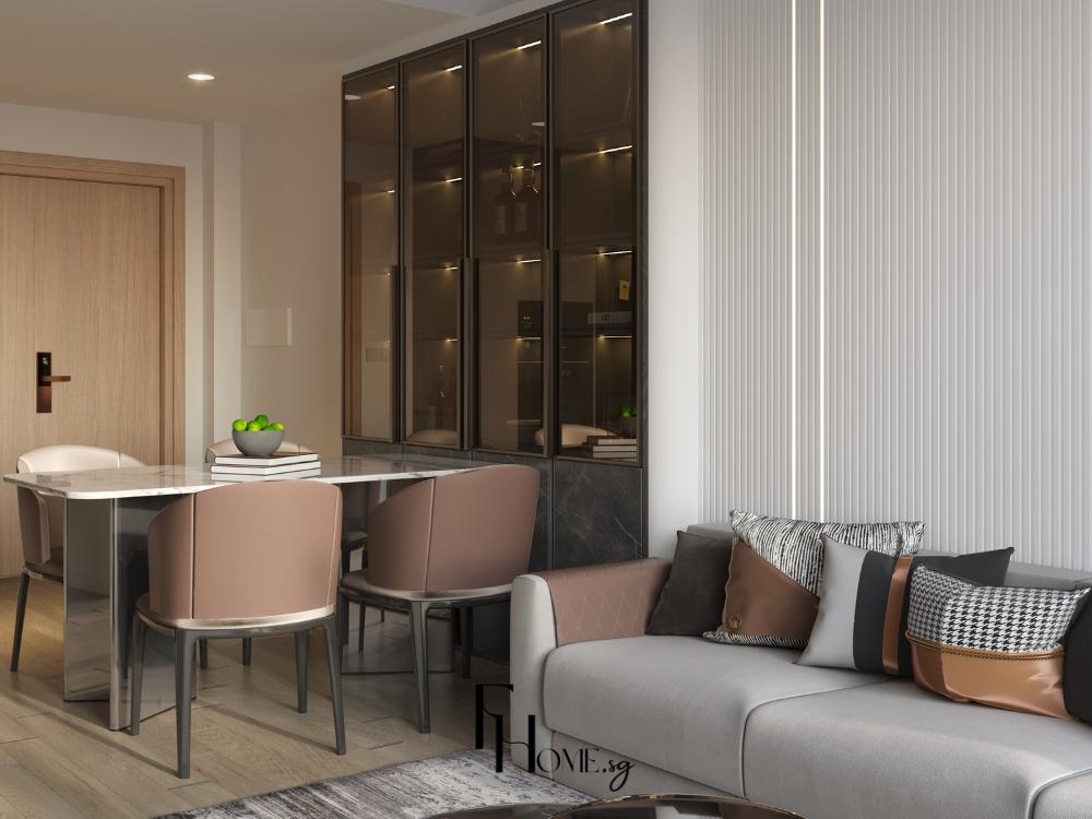 Nội thất phòng khách liền bếp hiện đại với sofa xám và tủ kính trang trí