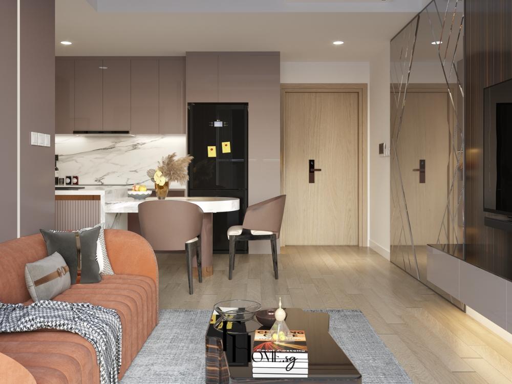Nội thất phòng khách liền bếp thiết kế mở hiện đại với sofa cam và bàn ăn tròn