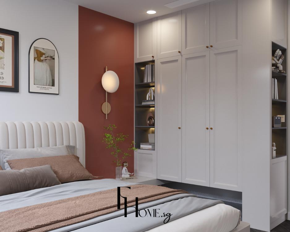 Nội thất phòng ngủ master căn hộ Vinhomes Grand Park 54m2 hiện đại với mảng tường cam đất và tủ áo trắng
