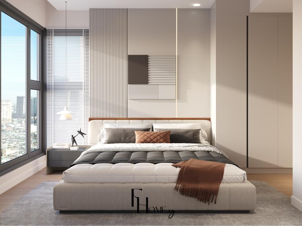Nội thất phòng ngủ master hiện đại tối giản tông trung tính nhìn ra view thành phố