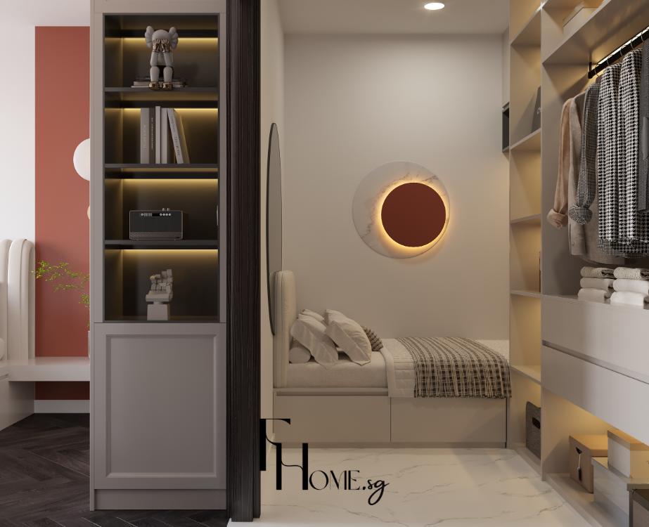 Nội thất phòng ngủ căn hộ Vinhomes Grand Park 54m2 với tủ trang trí có đèn led và tủ quần áo mở
