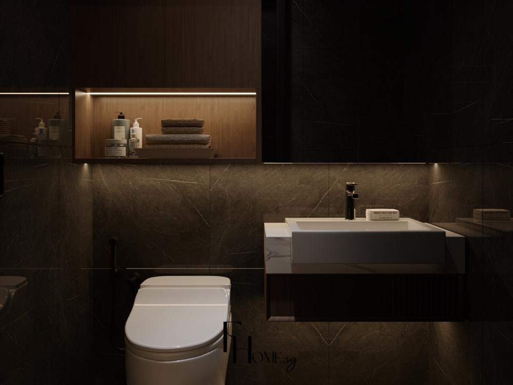 Nội thất phòng tắm hiện đại ốp đá marble tông tối với lavabo treo tường
