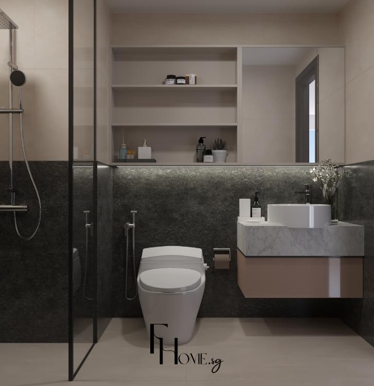 Nội thất phòng vệ sinh căn hộ Vinhomes Grand Park 54m2 hiện đại với buồng tắm kính và lavabo đặt bàn