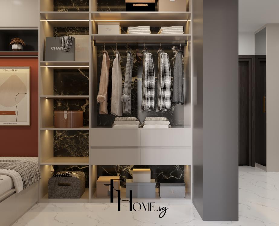 Nội thất tủ quần áo phòng ngủ căn hộ Vinhomes Grand Park 54m2 hiện đại với hậu tủ đá vân và đèn led