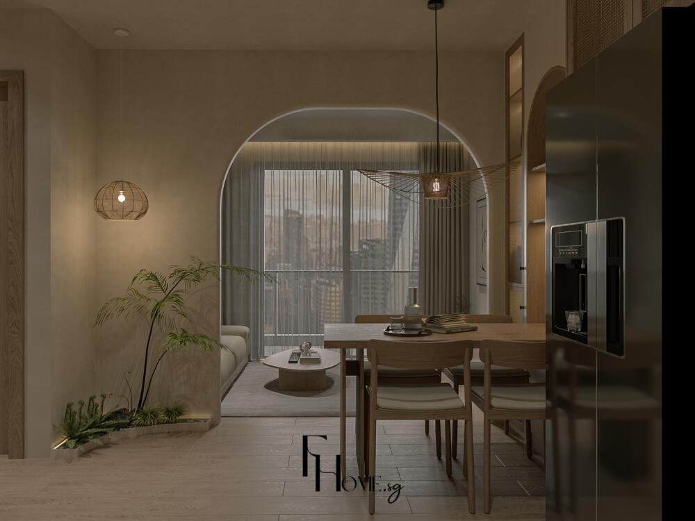 Phòng ăn Japandi tối giản có chủ đích tạo cảm giác ấm cúng và thư thái