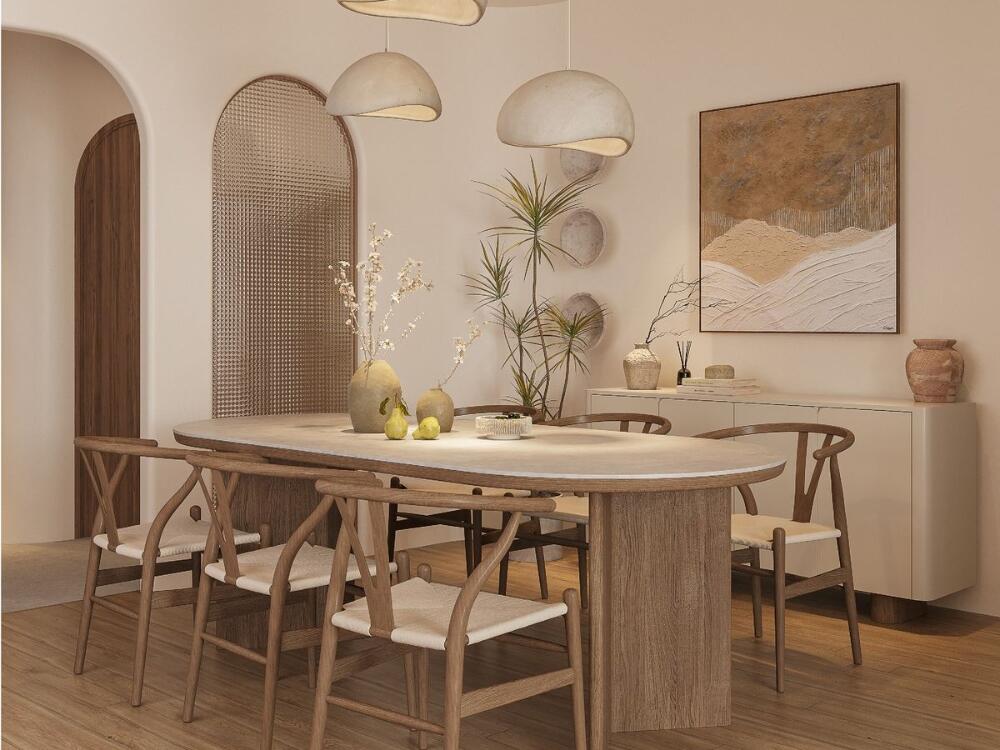 Phòng ăn Rustic gần gũi thân thiện với gỗ thô và ánh sáng ấm áp lan tỏa