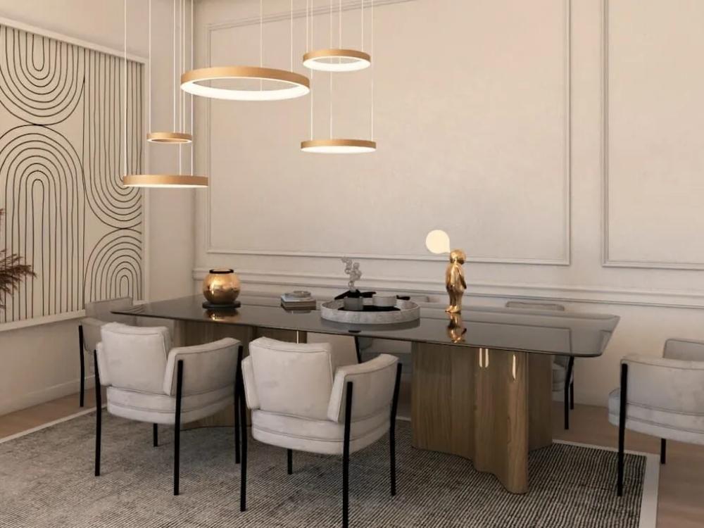 Phòng ăn tân cổ điển tinh tế với bàn gỗ cao cấp kết hợp đá marble và ánh kim sang trọng