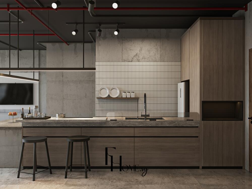 Phòng bếp ấn tượng với bề mặt bê tông và thép không đánh bóng thể hiện sự trung thực của vật liệu