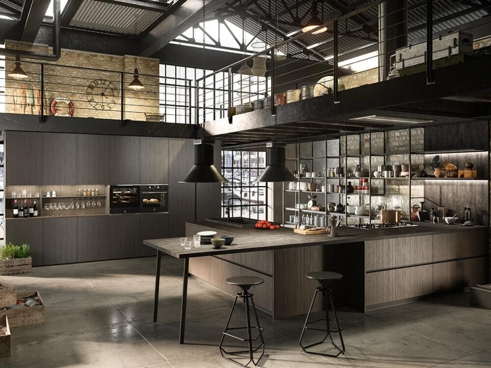 Phòng bếp cá tính với sàn bê tông mài và chi tiết kim loại tạo sự tương phản hiện đại