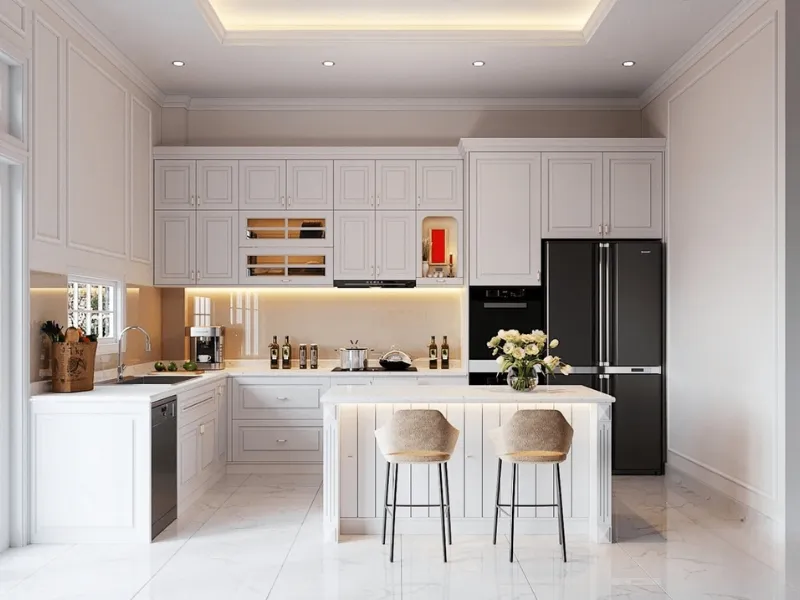 Thiết kế phòng bếp chung cư tông màu xanh cổ vịt hiện đại và gọn gàng