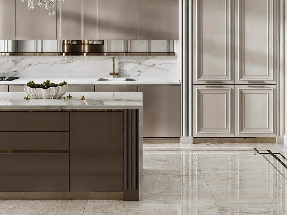 Phòng bếp Classic ấn tượng với sàn đá cẩm thạch tự nhiên tôn lên vẻ đẹp quý phái