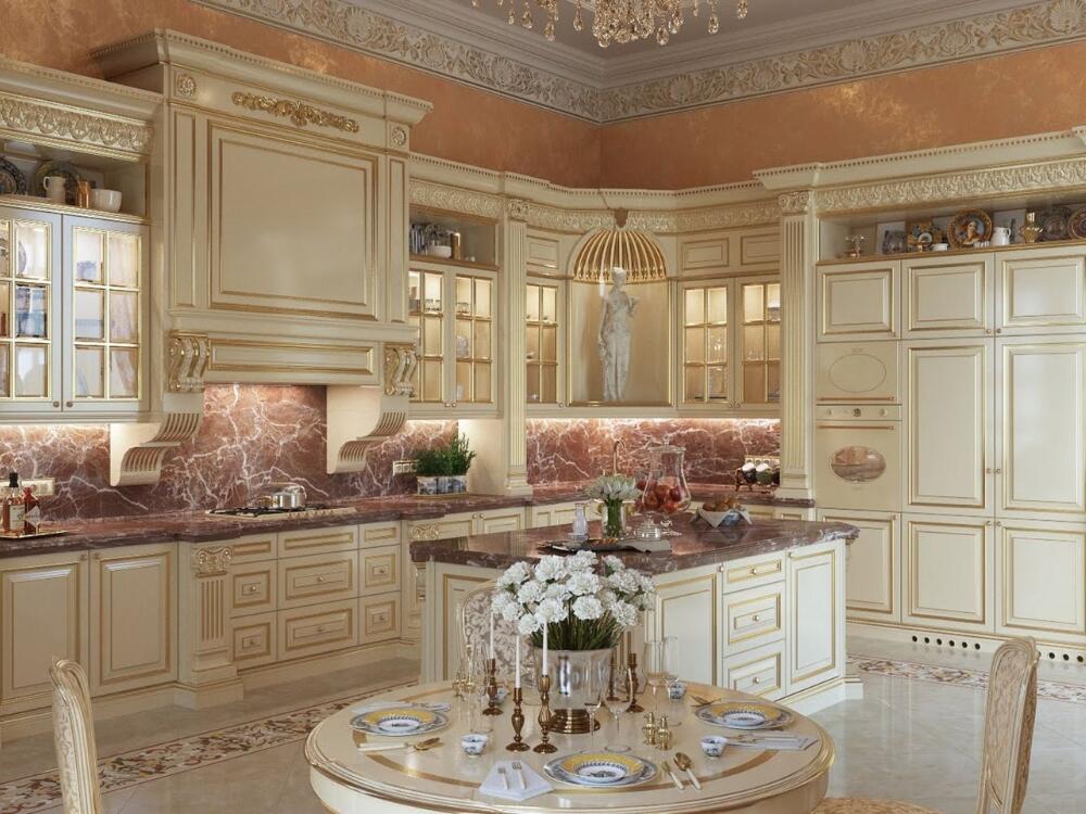 Phòng bếp Classic thanh lịch với đường nét và chi tiết lặp lại đều đặn thể hiện trật tự tinh tế