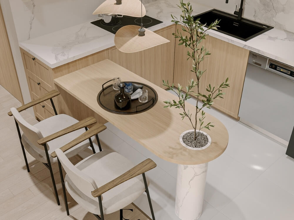 Phòng bếp gỗ sồi sáng tự nhiên mang vẻ đẹp mộc mạc và bền chắc