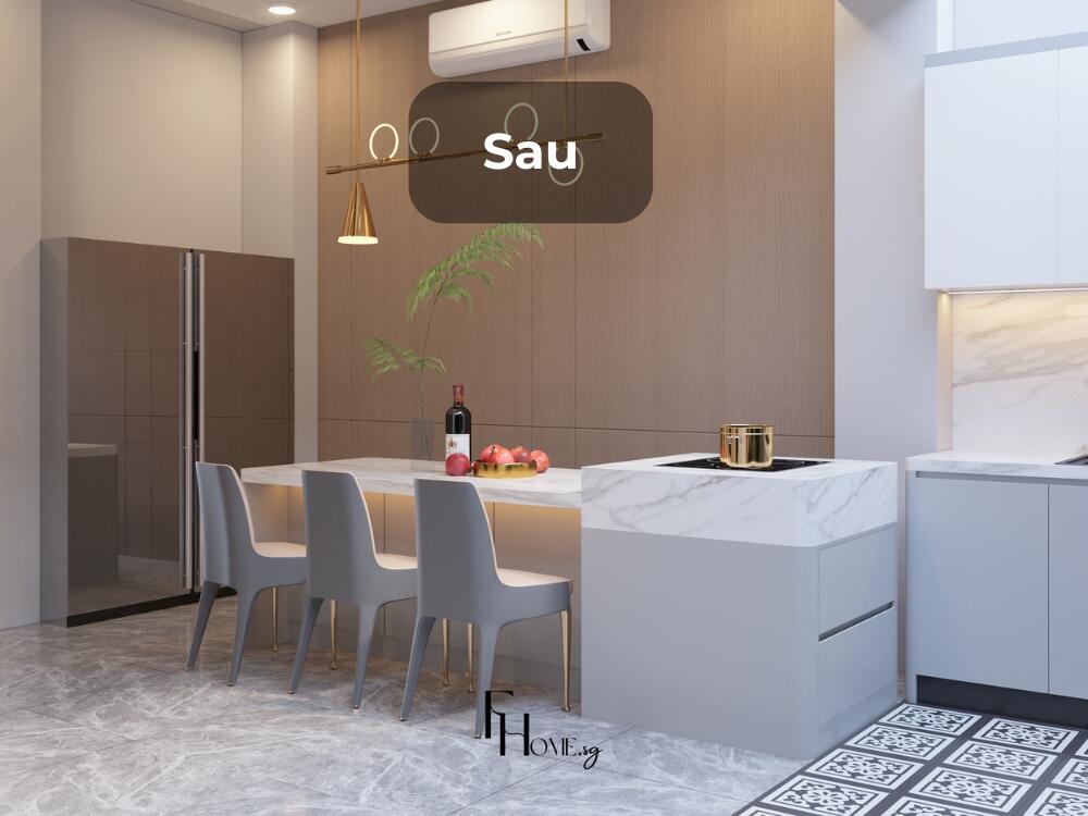 Phòng bếp hiện đại gọn gàng với tủ bếp kịch trần và bố trí tam giác bếp thuận tiện