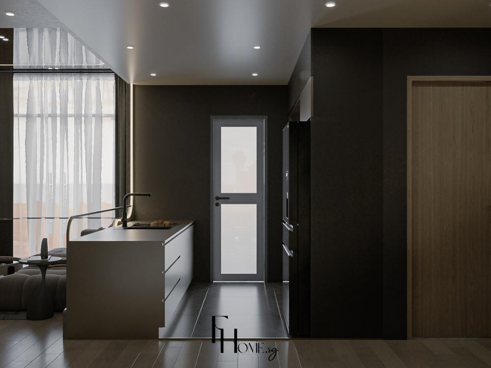 Phòng bếp hiện đại với gam trắng đen làm nền và điểm nhấn màu nổi bật tạo sự năng động