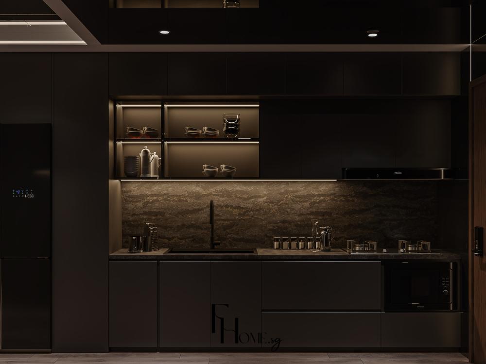 Phòng bếp hiện đại với nội thất tối giản tập trung công năng và đường nét rõ ràng