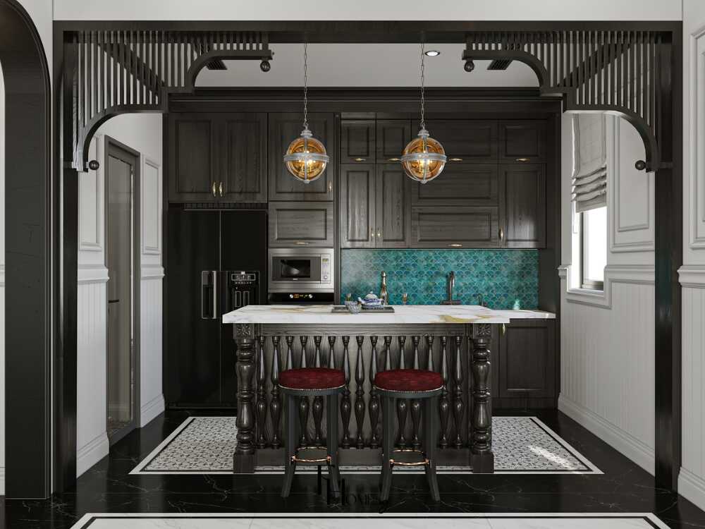 Phòng bếp Indochine ấm cúng với tủ gỗ sẫm màu và mặt bếp ốp đá tinh tế