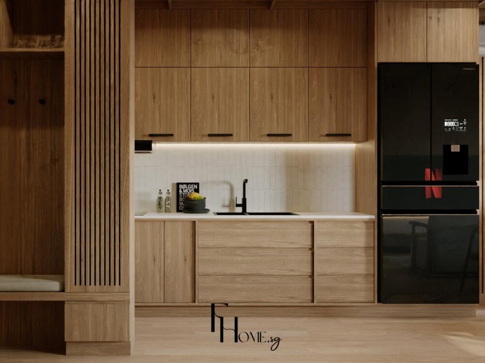 Phòng bếp Japandi gọn gàng tinh tế với tủ gỗ tự nhiên và gam màu trung tính