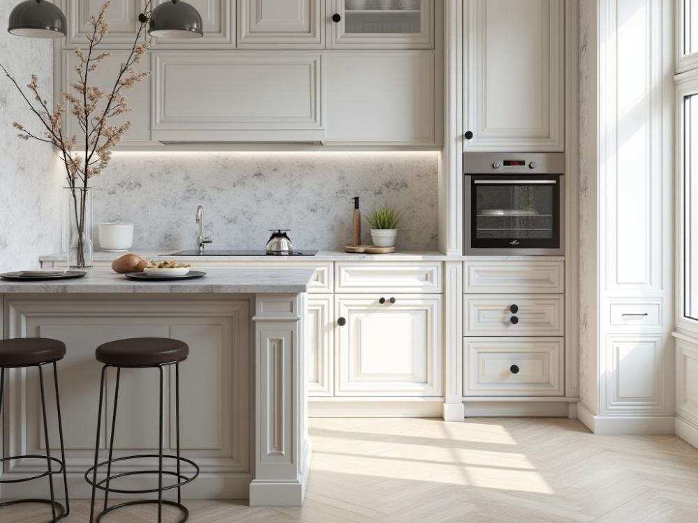 Phòng bếp nhà ống tân cổ điển gọn gàng tiện nghi bố trí hợp lý theo chiều sâu