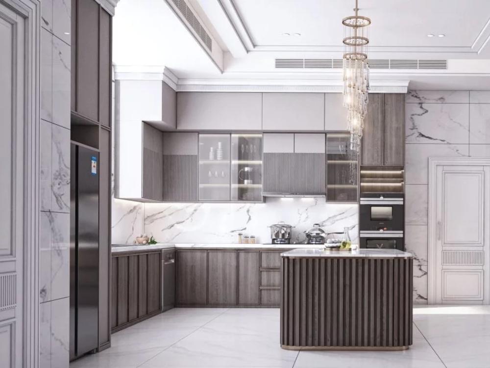 Phòng bếp nhà phố 100m² hài hòa rộng rãi kết hợp chi tiết tân cổ điển nhẹ nhàng