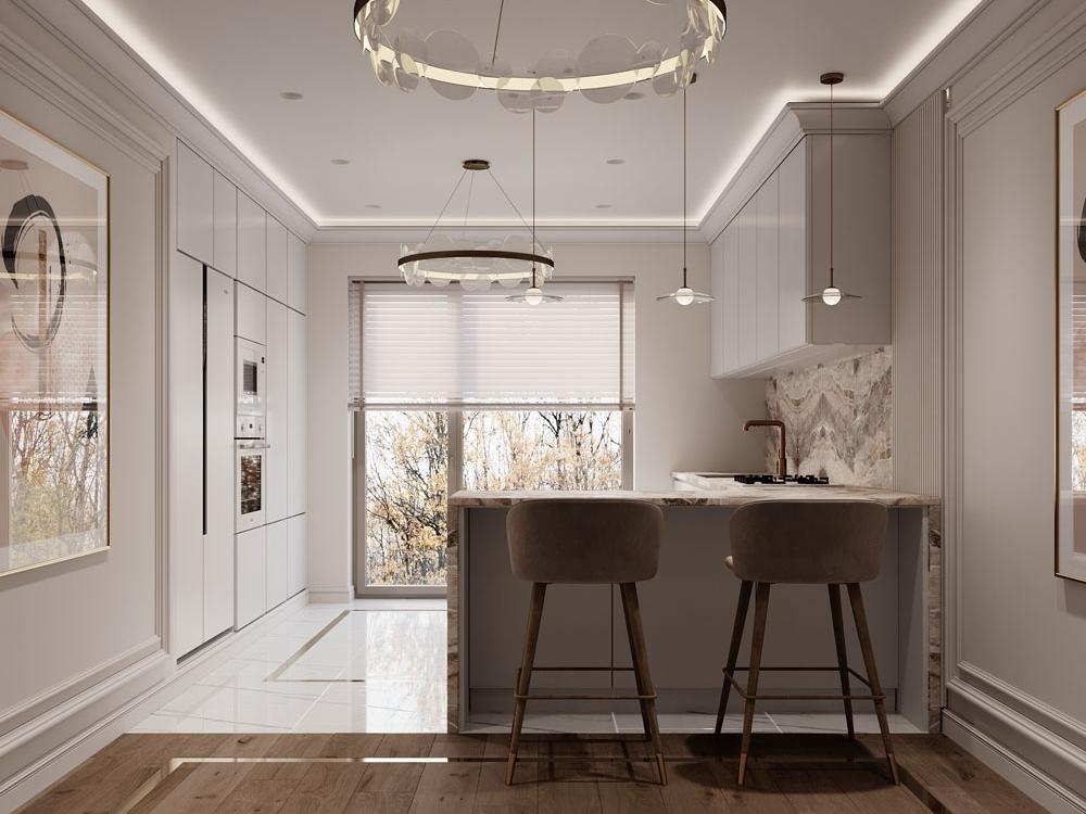 Phòng bếp nhà phố 120m² rộng rãi thanh lịch với bàn ăn lớn và chi tiết trang trí hài hòa