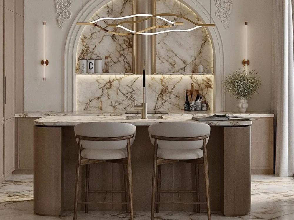 Phòng bếp nhà phố 130m² sang trọng rộng rãi điểm xuyết chi tiết chạm khắc tinh xảo