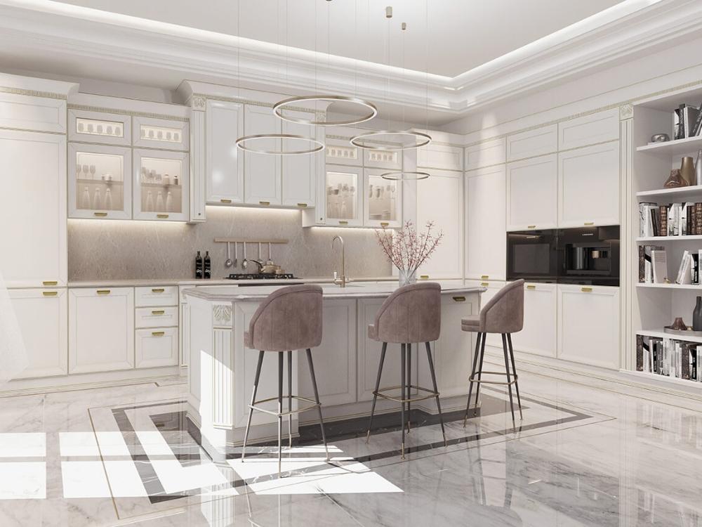 Phòng bếp nhà phố 150m² rộng rãi sang trọng với vật liệu cao cấp và bố cục tiện nghi