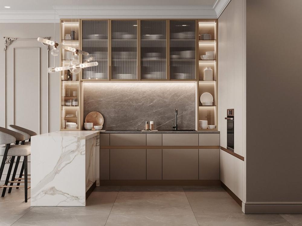 Phòng bếp nhà phố 80m² gọn gàng tinh tế tận dụng chiều cao trần và ánh sáng tự nhiên