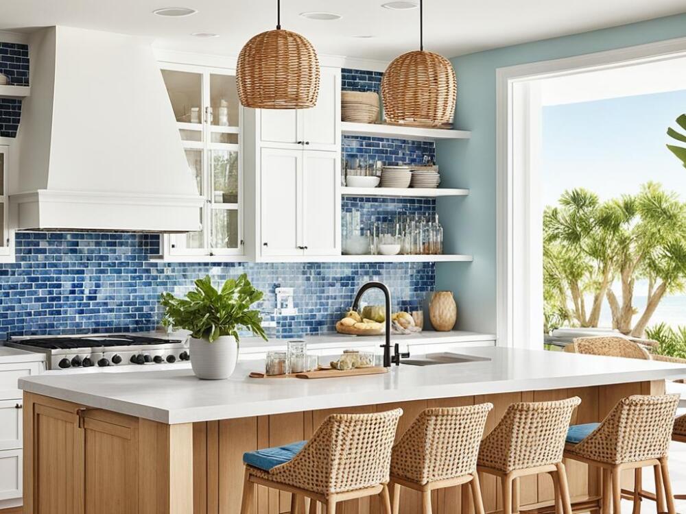 Phòng bếp nhẹ nhàng với tông màu cát và xanh nhạt tạo cảm giác mát mẻ thư giãn