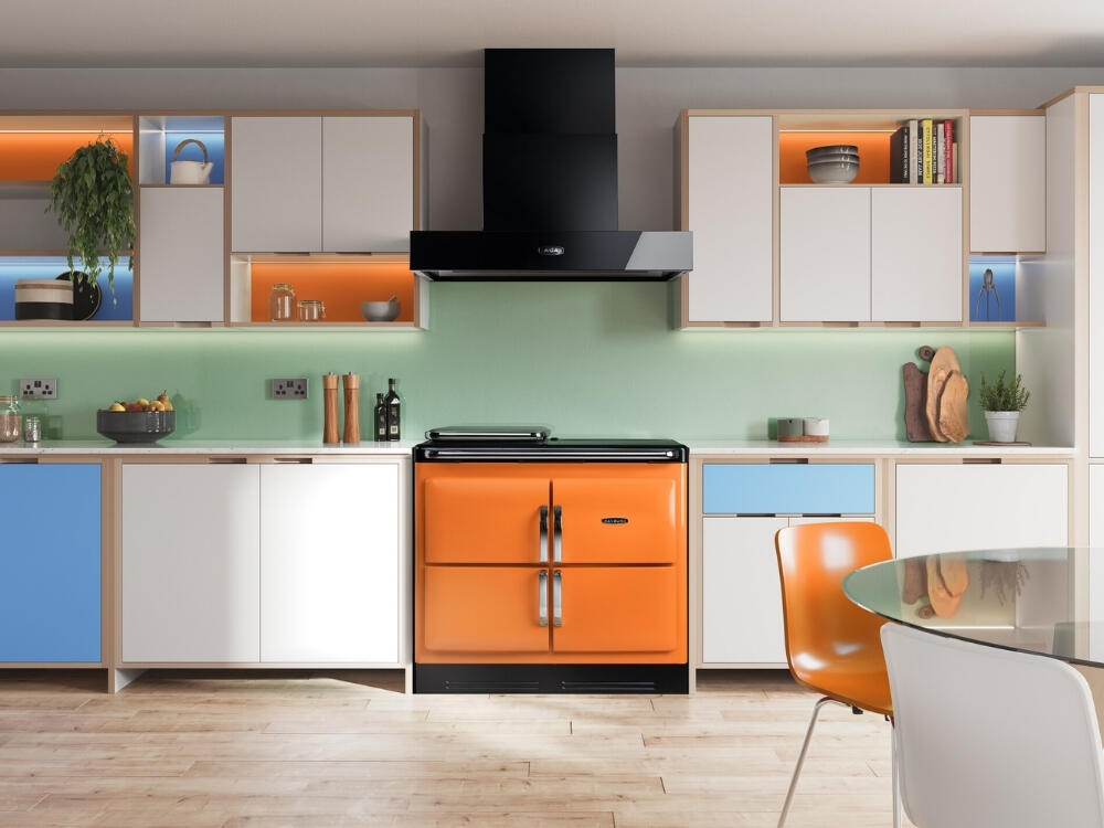 Phòng bếp Retro hiện đại với tông màu ấm rực rỡ và vật liệu nhựa vinyl mang nét hoài niệm cá tính