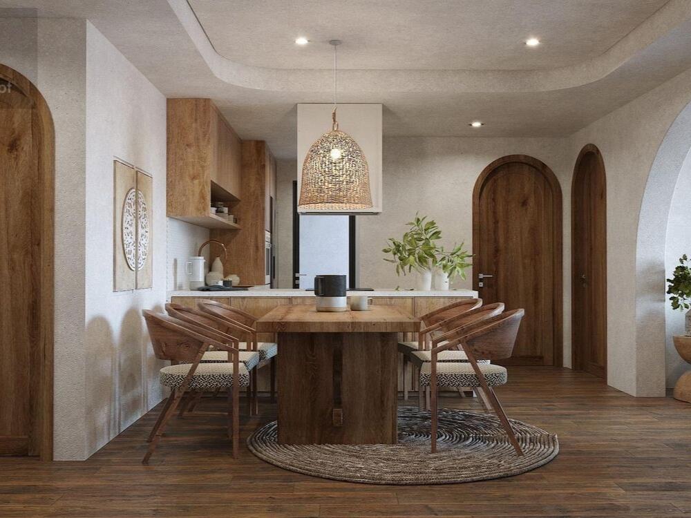 Phòng bếp Rustic giản dị tinh tế với vật liệu gỗ đá tự nhiên tạo nét chân thực ấm áp