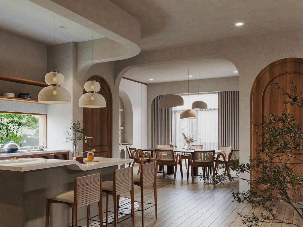 Phòng bếp Rustic hiện đại sáng thoáng với gỗ tự nhiên kết hợp đường nét tinh gọn