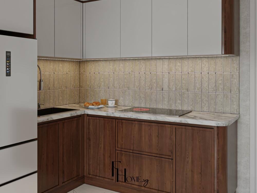 Phòng bếp Rustic rộng rãi ấm cúng với bàn gỗ lớn làm điểm nhấn cho không gian sum họp