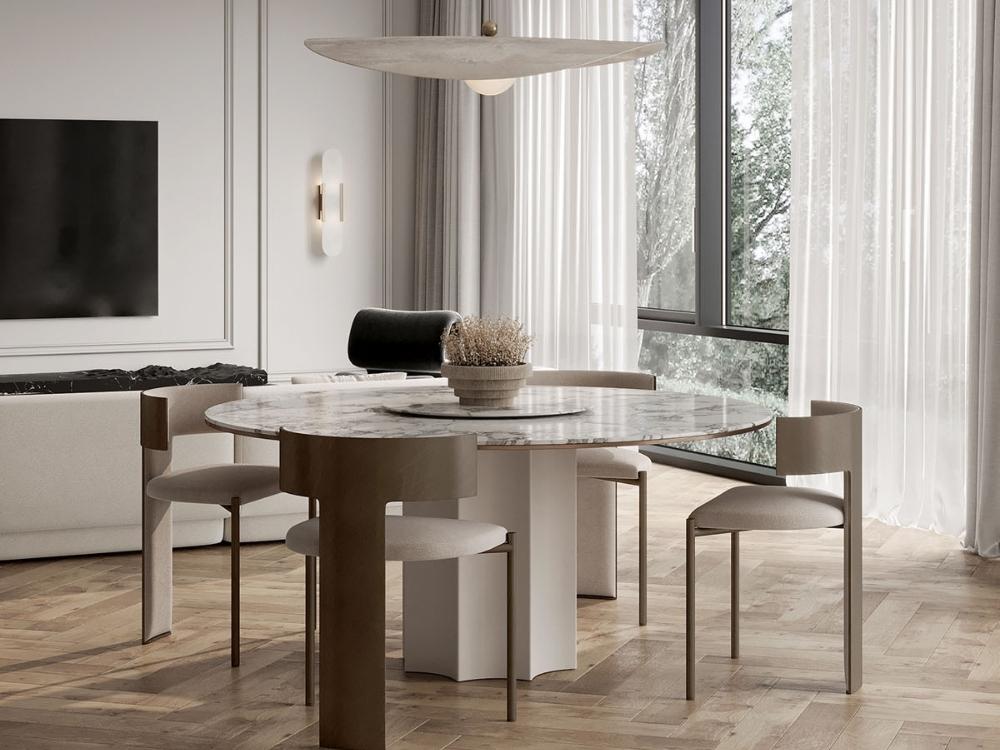 Phòng bếp sang trọng tiện nghi với bàn ăn lớn và ghế bọc nỉ hoặc da cao cấp