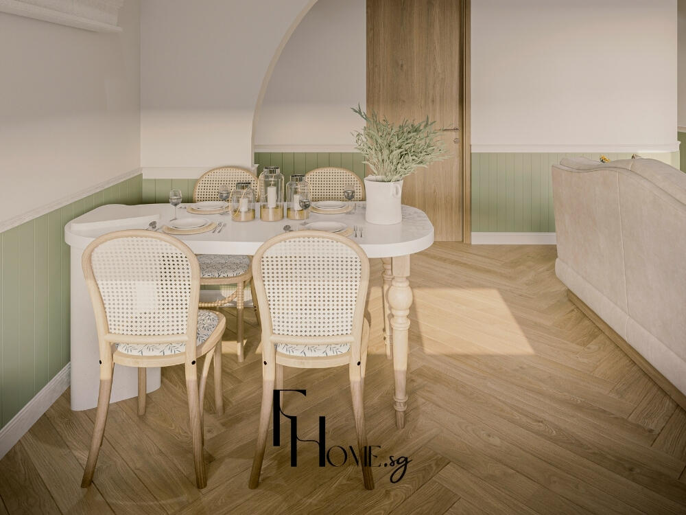 Phòng bếp sang trọng với bàn ăn gỗ tự nhiên và gam màu trung tính tinh tế