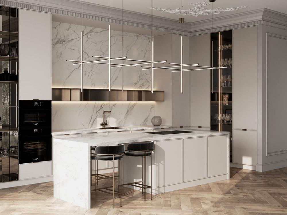 Phòng bếp tân cổ điển ấm cúng với tủ gỗ tự nhiên và đường nét tinh tế