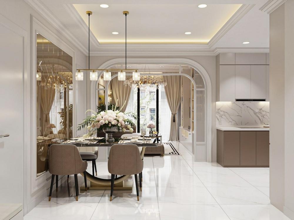 Phòng bếp tân cổ điển hiện đại tinh gọn dùng gam xám đậm kết hợp hoàn thiện PVD đầy trẻ trung